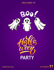 Happy Halloween vector lettering and cheerful illustration. Festive banner with calligraphy. Party invitations. Vector illustration.