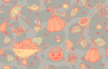 Seamless vector pattern with autumn elements. Pumpkins, sunflowers, corn, leaves. For packaging, fabric, wallpaper, textiles