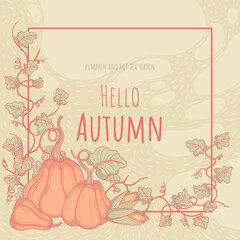 Vector element with an autumn design. Pumpkins and curly leaves with framed text on a light colored background. For postcards, invitations or packaging design