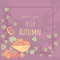 Vector element with an autumn design. Pumpkins in a cart, a sunflower and curly leaves with framed text on a dark background. For postcards, invitations or packaging design