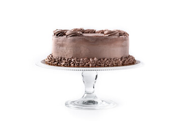Piece of chocolate truffle cake isolated on white background	