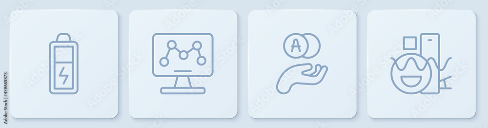 Poster set line battery, atom, genetic engineering and basic geometric shapes. white square button. vector