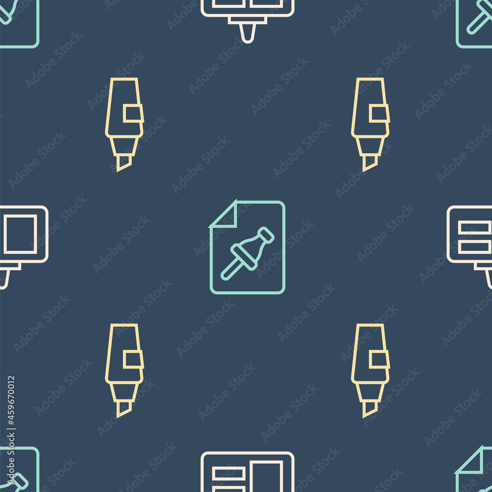 Poster Set line Identification badge, Marker pen and Note paper with push button on seamless pattern. Vector