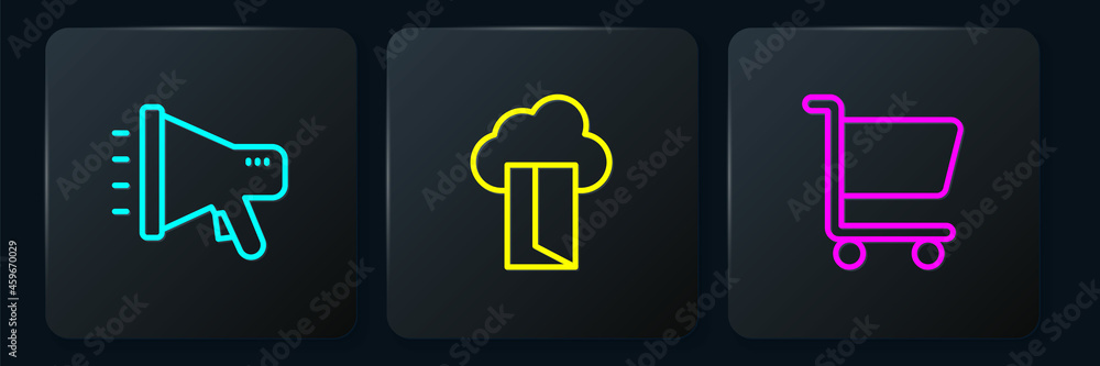 Poster set line megaphone, shopping cart and cloud database. black square button. vector