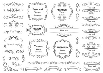 Calligraphic design elements . Decorative swirls or scrolls, vintage frames , flourishes, labels and dividers. Retro vector illustration