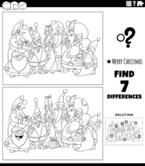 Fototapeta na wymiar differences game with Santa characters coloring book page