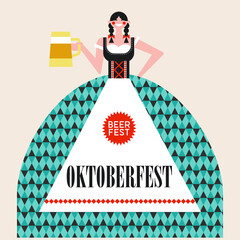 Oktoberfest. A German girl in a national costume with a beer mug. Vector illustration. Beer festival.