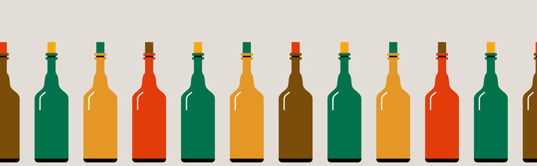 Seamless border made of multi-colored bottles. Vector illustration.