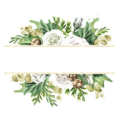 Winter  wedding bouquet card. Hand drawn watercolor  illustration isolated onwhite background