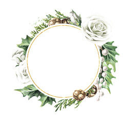 Winter wedding bouquet round frame. Hand drawn watercolor  illustration isolated on white background