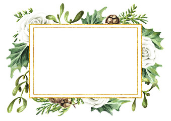 Winter wedding bouquet, frame. Hand drawn watercolor  illustration isolated on white background