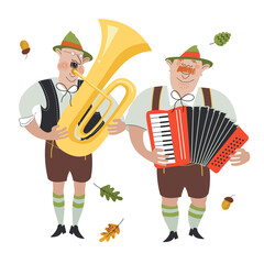 Two cheerful Germans in national costumes play musical instruments. Vector illustration.