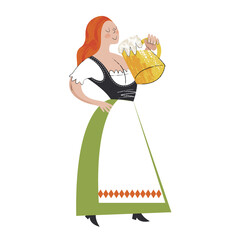 The traditional Oktoberfest beer festival. A girl in a national costume drinks beer. Vector illustration.