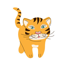 Cute striped tiger is walking with his tail raised, isolated on a white background. A symbol of the year in a hand-drawn style. Vector illustration