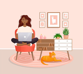 Woman is sitting on a chair at home at a laptop computer. Remote work, office at home, programming, freelance. Study at home in quarantine. Vector illustration. Cozy interior with a cat