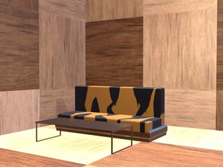 虎柄のソファーに木目の壁の部屋の3d render