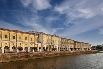 Senigallia, Ancona, Italy, August, 23, 2021: the Portici Ercolani were built by Cardinal Ercolani from which the name itself derives. Misa river