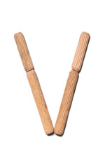 Wooden letter V alphabet set including multiple punctuation