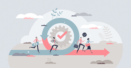 Agile as fast and effective business adaption to changes tiny person concept. Performance management with flexible strategy and quick improvements vector illustration. Innovation development cycle. - obrazy, fototapety, plakaty