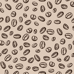 seamless vector pattern with coffee beans, sketch. background in warm brown tones