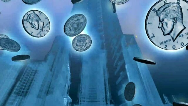 Silver coins falling from the sky with tall buildings on a blue background.Animated Silver Coins.Blue 3D city wire frame background with money falling in front.Blue background metal coins raining.