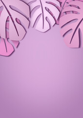 Fioletowe tło z wyciętymi z papieru liśćmi monstery. Szablon do prezentacji produktów, projektów marketingowych, reklamy. Monstera Deliciosa - flat lay, widok z góry z miejscem na tekst. © Monika