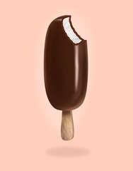 Eskimo ice cream on a stick covered with chocolate and bitten. 3D illustration for advertising, postcard, banner.