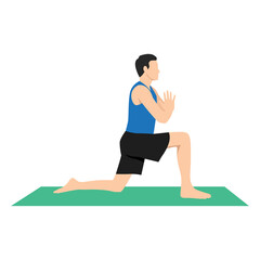 Man doing Anjaneyasana or low lunge yoga pose,vector illustration in trendy style