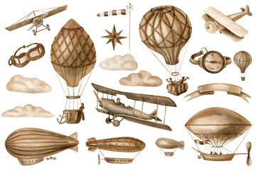 Watercolor illustration, retro style. Collection of vintage aircraft. © Галина Смирнова