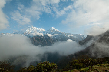 Beautiful landscape of the snowy peak of Machapuchare, Nepal