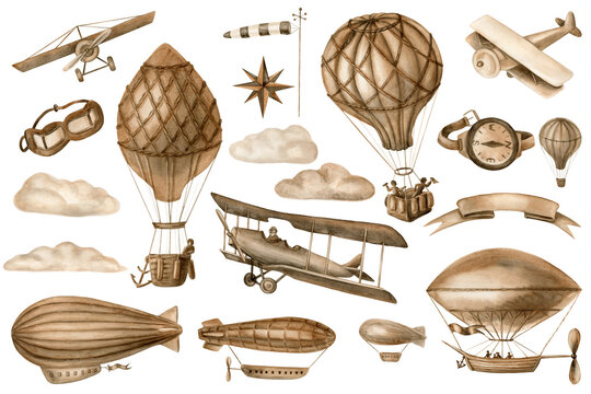 Watercolor illustration, retro style. Collection of vintage aircraft.