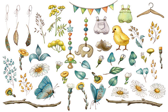 Watercolor illustration, retro style. Spring rustic set. For children.