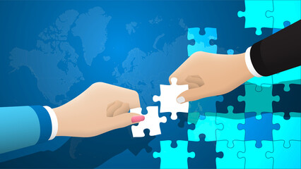 Concept banner for teamwork in global logistics with hands and puzzle pieces on background of world map. Organization of cargo transportation around world. Realistic Vector