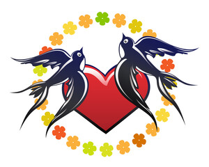 The Swallows and Heart in Flower Circle Emblem