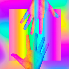 Contemporary minimal art collage. Hands gestures on a rainbow background. Love concept