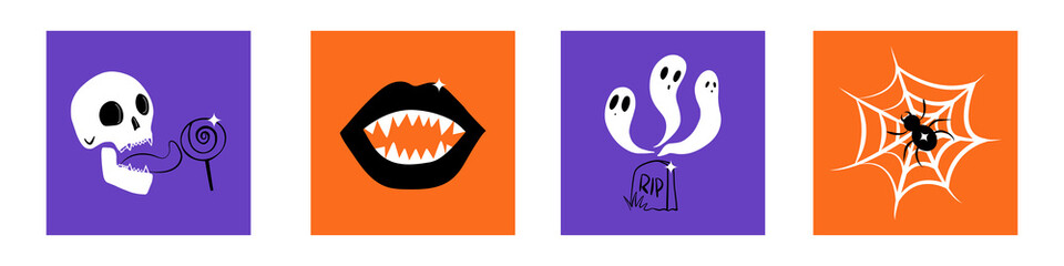 A set of cards with a cute ghost.Halloween concept. Cute cartoon creepy characters.