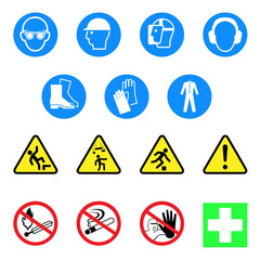 Workplace hazard warning signs. Workplace safety sign, symbols