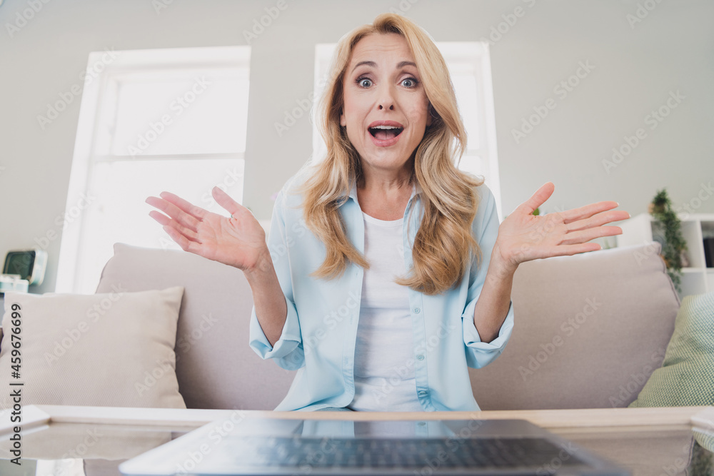 Sticker photo of happy amazed crazy businesswoman have online meetings hear unexpected news information dist