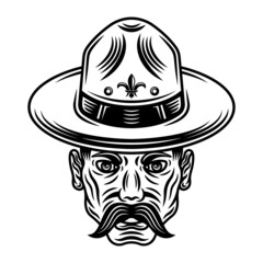 Boyscout men in hat with mustache vector illustration in monochrome vintage style isolated on white background