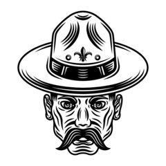 Boyscout men in hat with mustache vector illustration in monochrome vintage style isolated on white background