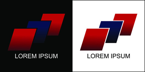 Three parallelogram logos in red and blue on a black and white background.