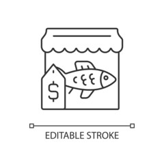 Fish market linear icon. Fresh and frozen seafood trade. Fish marketplace. Fishmongers stall. Thin line customizable illustration. Contour symbol. Vector isolated outline drawing. Editable stroke