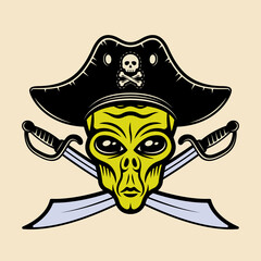 Alien head in pirate hat and two crossed swords vector illustration in colorful cartoon style isolated on light background
