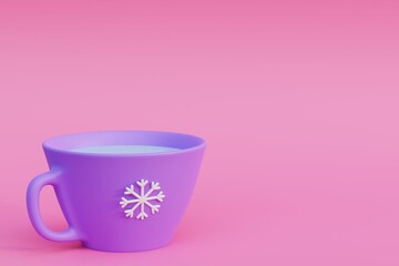 Purple mug with snowflake image, 3d render