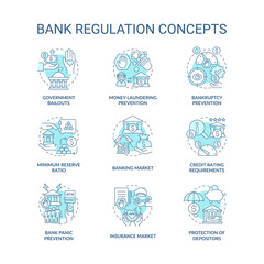 Banking system regulation concept icons set. Money laundering preventive measures. Government bailouts idea thin line color illustrations. Vector isolated outline drawings. Editable stroke