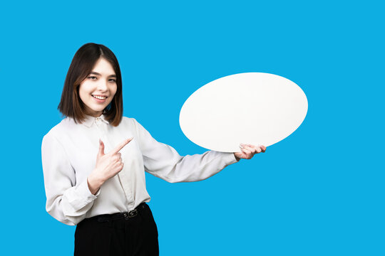 Asian Woman Showing Empty Board For Input Your Text.