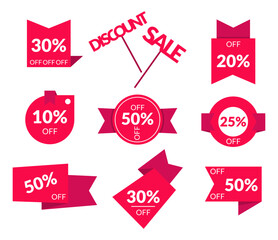 Set Discount clearance clearance sale red sticker offering price reduction. Flat style vector illustration isolated on white background.
