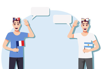 The concept of international communication, sports, education, business between France and Argentina. Men with French and Argentine flags. Vector illustration.