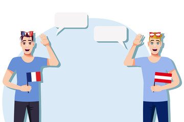 Men with French and Austrian flags. Background for text. Communication between native speakers of France and Austria. Vector illustration.