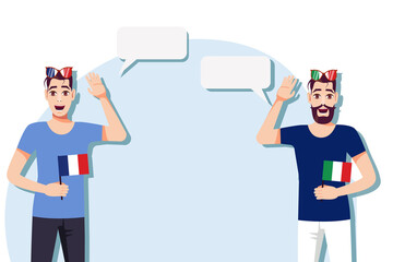 The concept of international communication, sports, education, business between France and Italy. Men with French and Italian  flags. Vector illustration.